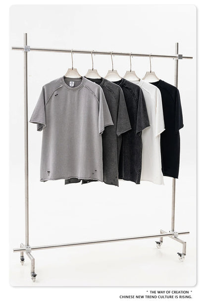 ZODF 2025 Men Summer Heavy Weight Washed 330gsm Cotton T-shirt Unisex High Street Distressed Holes Oversized T Shirts Tee HY0984