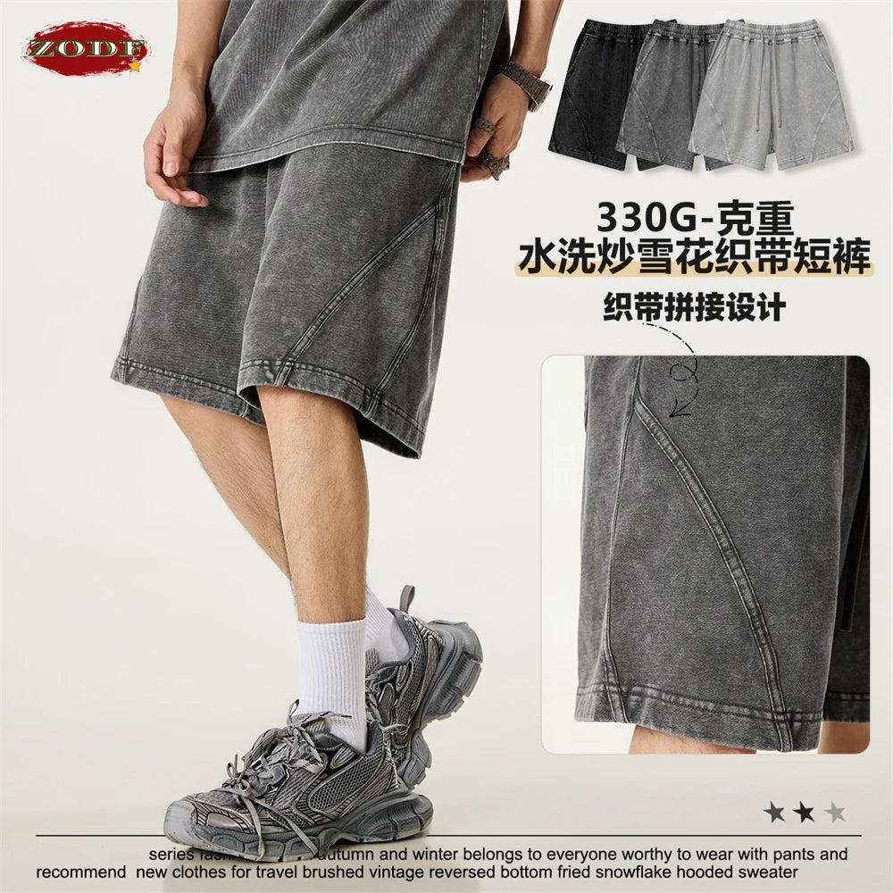 ZODF New Men Fire Snowflake Washed 330gsm Shorts Unisex High Street Summer Distressed Sport Cotton Shorts HY1028