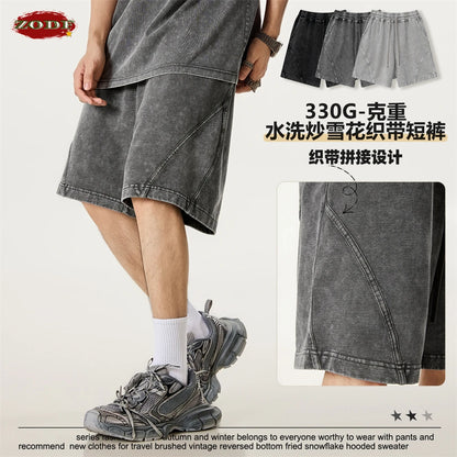 ZODF New Men Fire Snowflake Washed 330gsm Shorts Unisex High Street Summer Distressed Sport Cotton Shorts HY1028