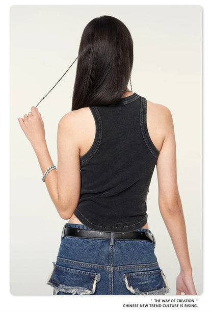 ZODF Women 2024 Summer Washed Tank Tops Female Hotsweet Girls 235gsm Slim Pleated Arc Hem Camisole TEE Streetwears HY0795