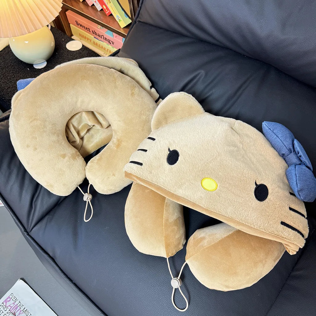 Sanrio Hello Kitty Hooded Neck Pillow Travel Pillow For Airplane Train Car Soft Plush Sleeping Support With Adjustable Hood Gift