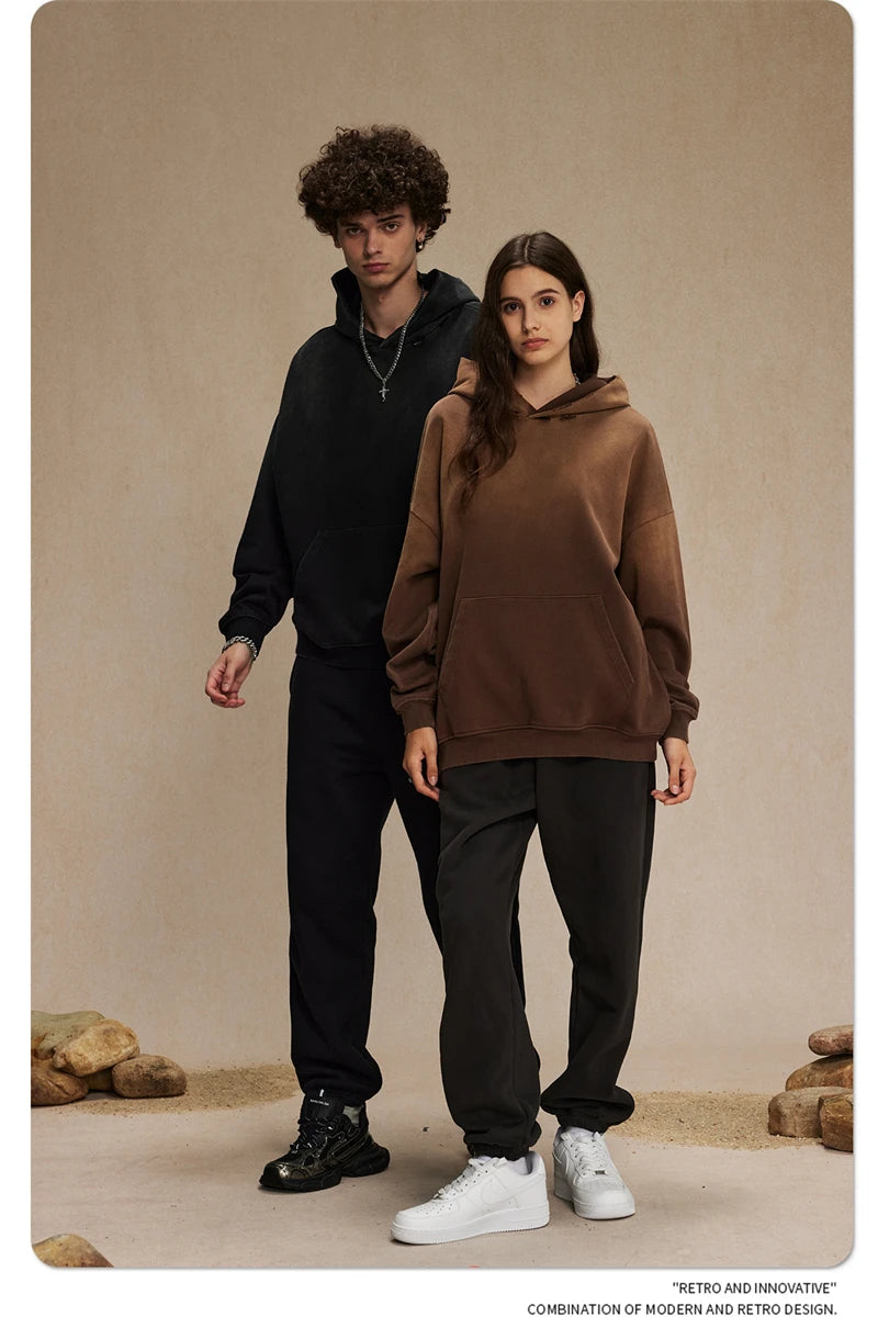 ZODF Retro Men's Heavyweight Gradient Washed Hoodies Unisex Loose Distressed Holes 450gsm Knitted Hooded Pullovers HY0891