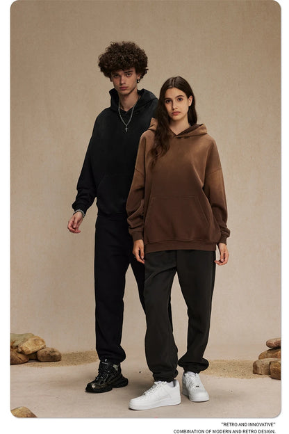 ZODF Retro Men's Heavyweight Gradient Washed Hoodies Unisex Loose Distressed Holes 450gsm Knitted Hooded Pullovers HY0891