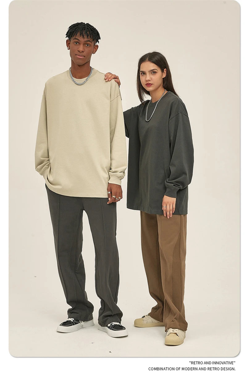 ZODF New 2025 Autumn Men 305gsm 100% Cotton T Shirt Unisex Loose Heavy Weight Basic Long Sleeve Solid T-Shirts Tops HY0634