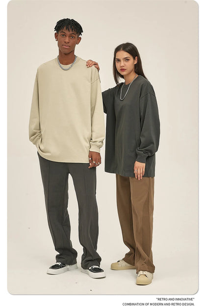 ZODF New 2025 Autumn Men 305gsm 100% Cotton T Shirt Unisex Loose Heavy Weight Basic Long Sleeve Solid T-Shirts Tops HY0634