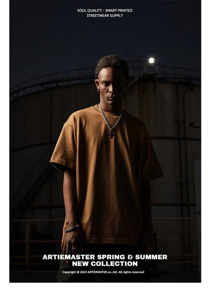 ZODF New Summer Men 100% Cotton Solid T Shirts Unisex High Street Heavy Weight 305gsm Oversized FG Noshrink T-Shirt Tops HY0165