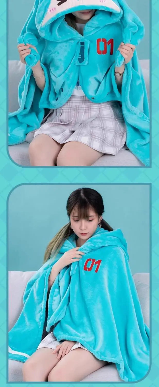 Kawaii Hatsune Itabag Multifunctional Hooded Air Conditioning Blanket Flannel Cloak Soft And Warm Nap Shawl Miku Surprise Gift