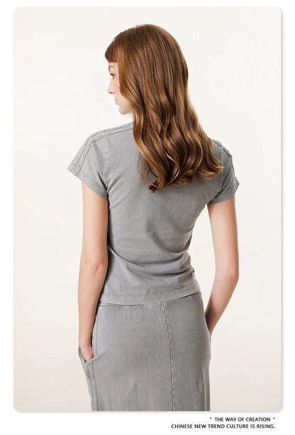 ZODF Retro 2025 Summer Women 285gsm T-Shirts Hotsweet Girls Sexy Slim Fit Washed Distressed T Shirt Brand Tees HY1013