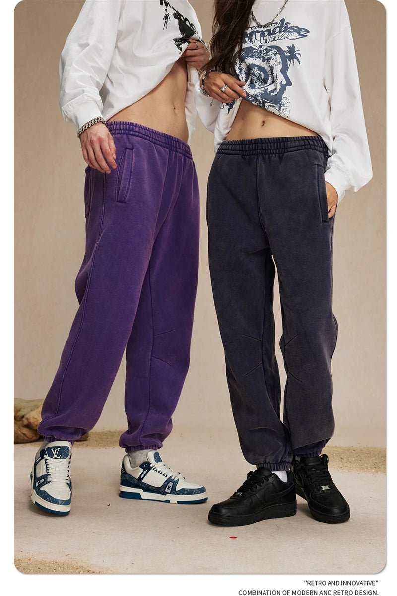 ZODF Retro Winter 360gsm Batik Washed Fleece Sweatpants Unisex Loose Drawstring Warm Joggers HY0714