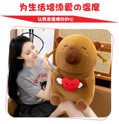 Capybara Plush Toy Cute Ugly Charming Love Heart Hair Braid Pillow Stuffed Animal Kids Birthday Christmas Gift for Children