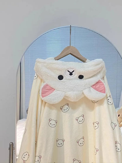 Rilakkuma Women'S Fleece-Lined Thickened Robe Coral Fleece Flannel Hooded Home Clothes Warm Nightgowns Casual Wear For Going Out