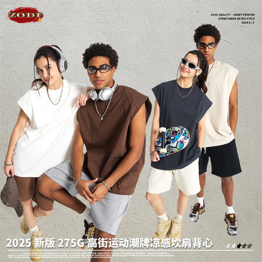 ZODF Trendy Men Summer Solid Cotton Tank Tops Unisex Oversized 275gsm Patchwork Sleeveless Tees Vests HY1051