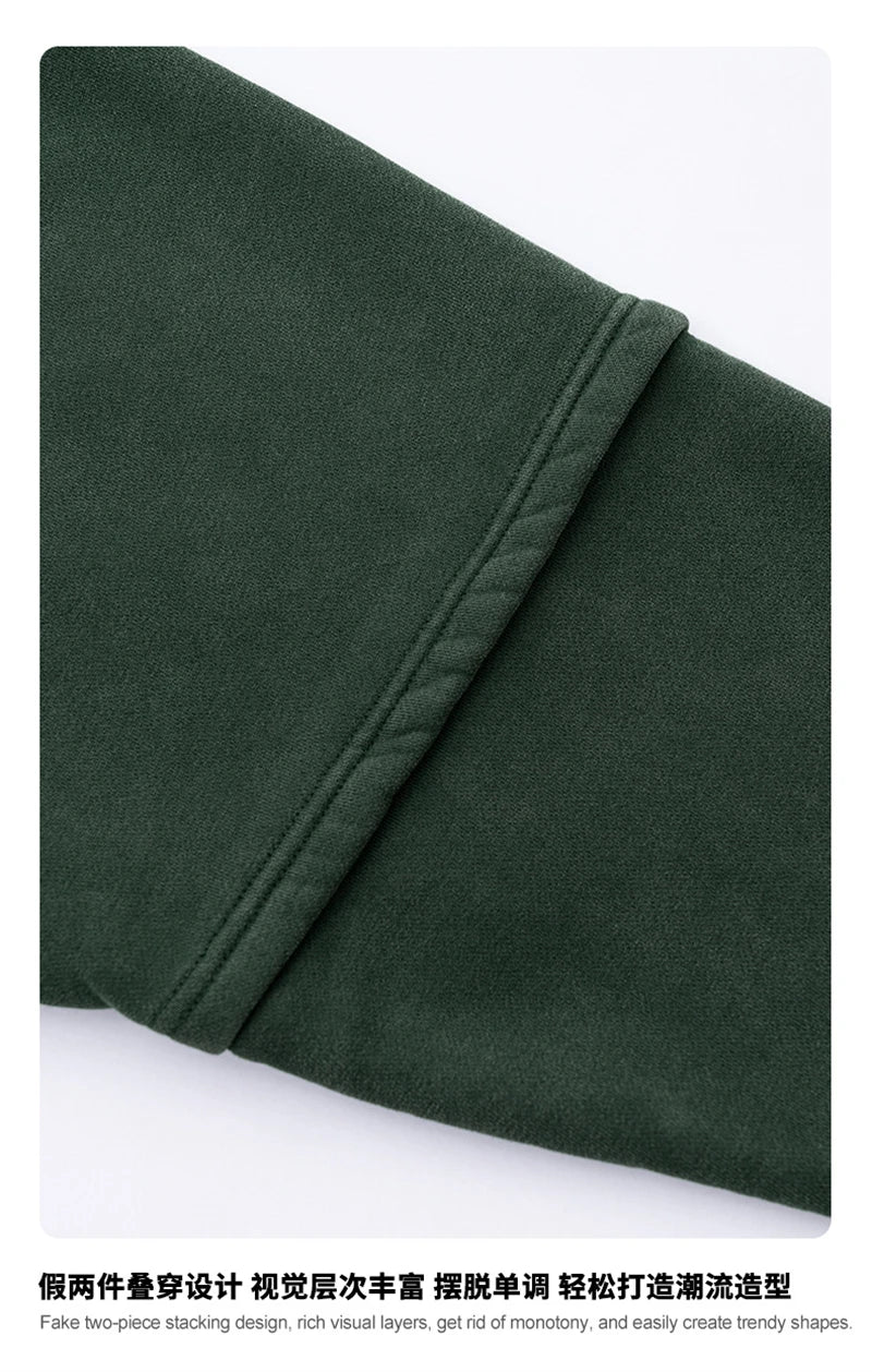 ZODF Trendy 2025 Winter Man 360gsm Washed Fleece Hoodies Unisex Patchwork Loose Fake 2 Pieces Knitted O Neck Sweatshirts HY1089