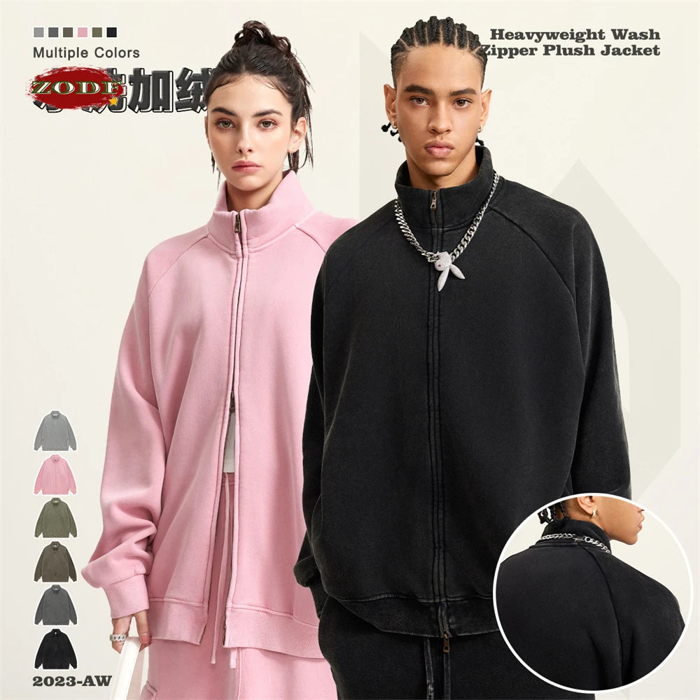 ZODF Retro Winter Men Washed Fleece Zipper Jackets Unisex Loose Oversized 400gsm Raglan Sleeve Coats Streetwears HY0649