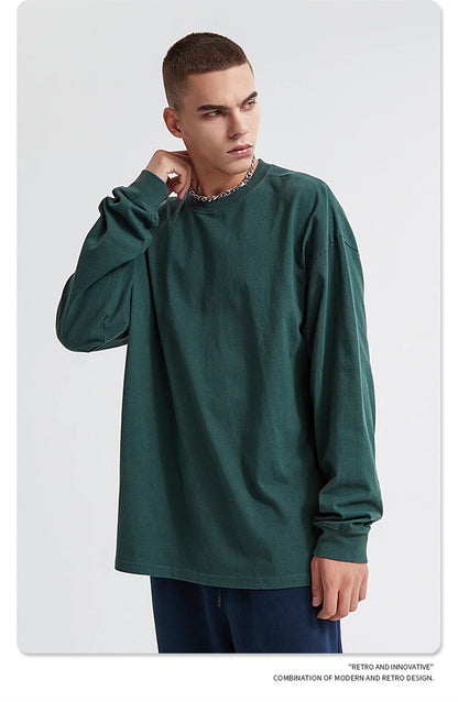 ZODF Retro Autumn Full Sleeve Washed 100% Cotton T-Shirts For Men Unisex Solid Casual Loose 310gsm Tee Brand Tops HY0405