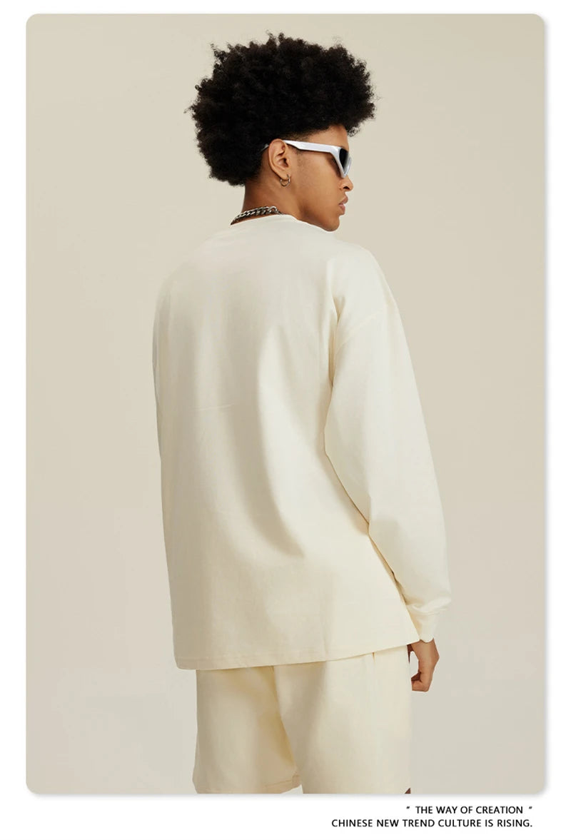 ZODF NEW Autumn Men's Solid Full Sleeve T Shirts Unisex Loose Oversized Casual 305GSM Cotton Basic T-Shirt Brand TEE HY0209