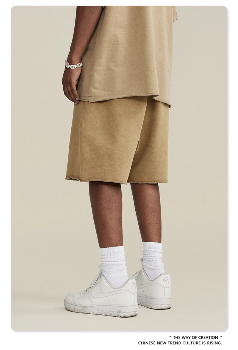 ZODF New Summer Men Retro Washed Shorts Unisex Drawstring Loose Edge 420gsm Solid Knee Length Cotton Pants Streetwears HY0589