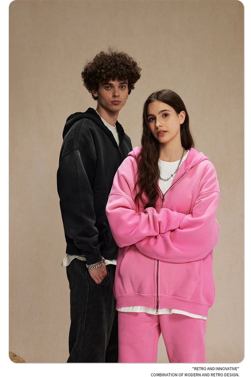 ZODF Retro Winter Men Spray-Dyed Zipper Hoodies Unisex Loose 360gsm Zipper Fleece Hooded Sweatshirt Pullovers Coats HY0719