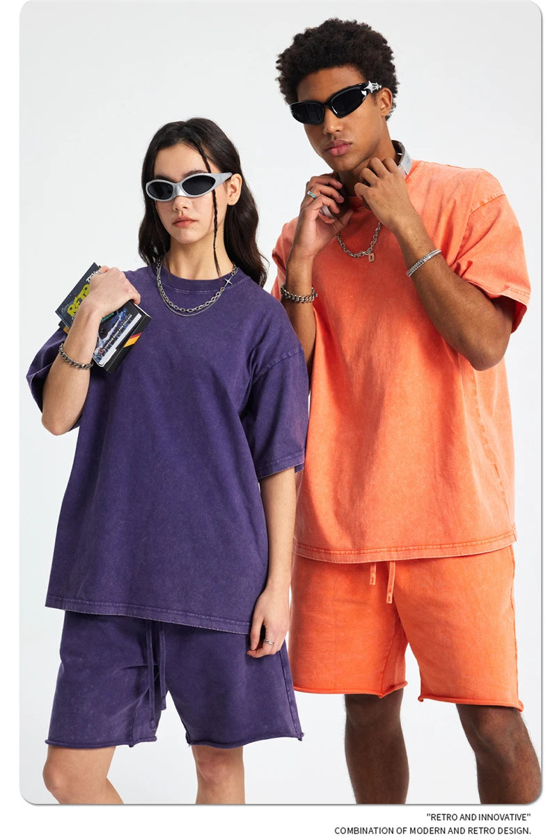 ZODF 2025 High Street Summer Washed Cotton Unisex Loose Retro Solid T-Shirt HY0113