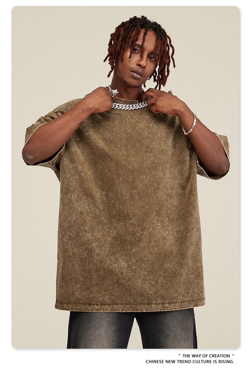 ZODF New Summer Men Washed Batik Cotton T Shirts Unisex American Retro High Street 270gsm Short Sleeve Tees Streetwear HY0489