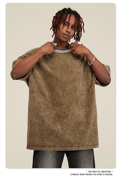 ZODF New Summer Men Washed Batik Cotton T Shirts Unisex American Retro High Street 270gsm Short Sleeve Tees Streetwear HY0489