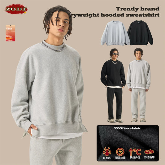 ZODF Fashion Men Winter Side Split Fleece Sweatshirt Winter Unisex Oversized 350gsm O Neck Warm Pullovers Brand Clothing HY0058