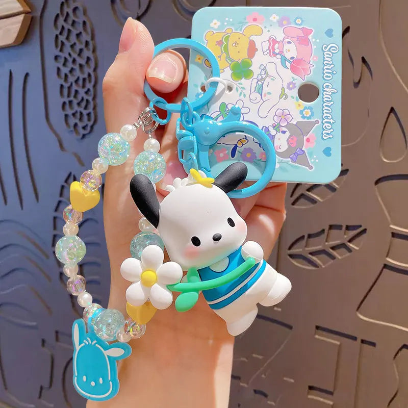 Sanrio Cartoon Animal Kuromi Pompom Purin Cinnamoroll Melody Pachacoo Pendant Keychain Key Ring Action Figure Model Toy Gifts