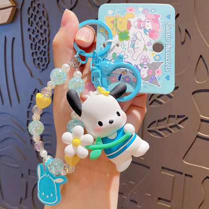 Sanrio Cartoon Animal Kuromi Pompom Purin Cinnamoroll Melody Pachacoo Pendant Keychain Key Ring Action Figure Model Toy Gifts