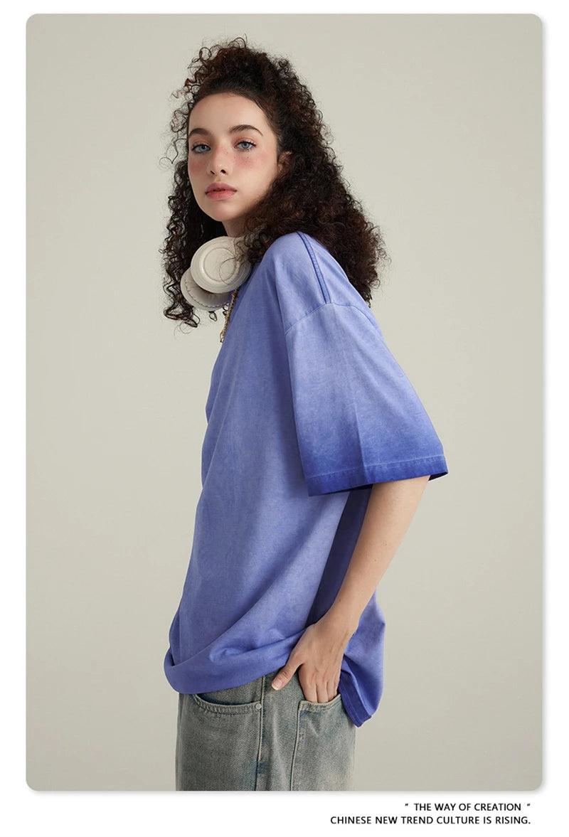 ZODF 2023 Men's Summer 255G Wash Gradient Fried Cotton T Shirt Round Neck Short Sleeve American Retro Loose T-Shirt HY0547