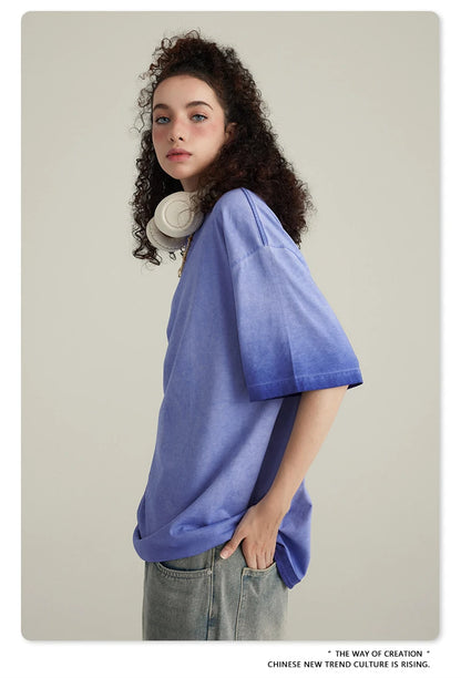 ZODF 2023 Men's Summer 255G Wash Gradient Fried Cotton T Shirt Round Neck Short Sleeve American Retro Loose T-Shirt HY0547