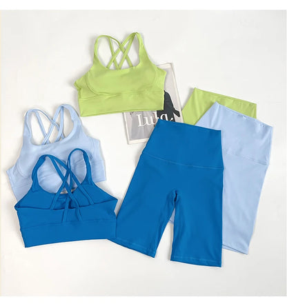 2 Pieces Yoga Shorts Gym Sports Sets Women Fitness Suits Cross Back Bra Top High Waist Shorts Running Workout Clothes Tracksuit