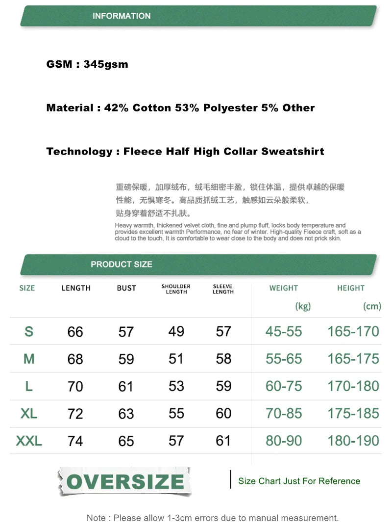 ZODF New Winter Man 345gsm Loose Fit Fleece Sweatshirt Unisex Cusual Boxy Warm Half Turtleneck Pullovers HY1181