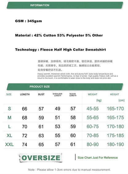 ZODF New Winter Man 345gsm Loose Fit Fleece Sweatshirt Unisex Cusual Boxy Warm Half Turtleneck Pullovers HY1181