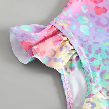 Toddler Girls Swimsuit with Sun Hat Set 1 to 2 3 4 5 6 Years Leopard Ruffle Sleeve Zip Up One-pieced Swimwear Beachwear for Baby