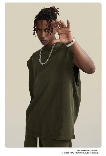 ZODF American Retro Men Washed Solid Tank Tops Women Unisex Loose Edge 275gsm Cotton Sleeveless Tees Brand Streetwears HY0503