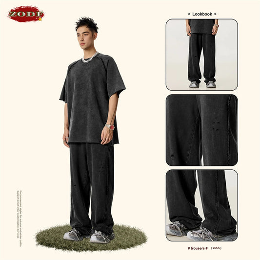 ZODF Vintage 2025 Spring Men Washed Cotton Pants Unisex High Street Cut Holes Oversized Straight Trousers Brand Clothes HY1022