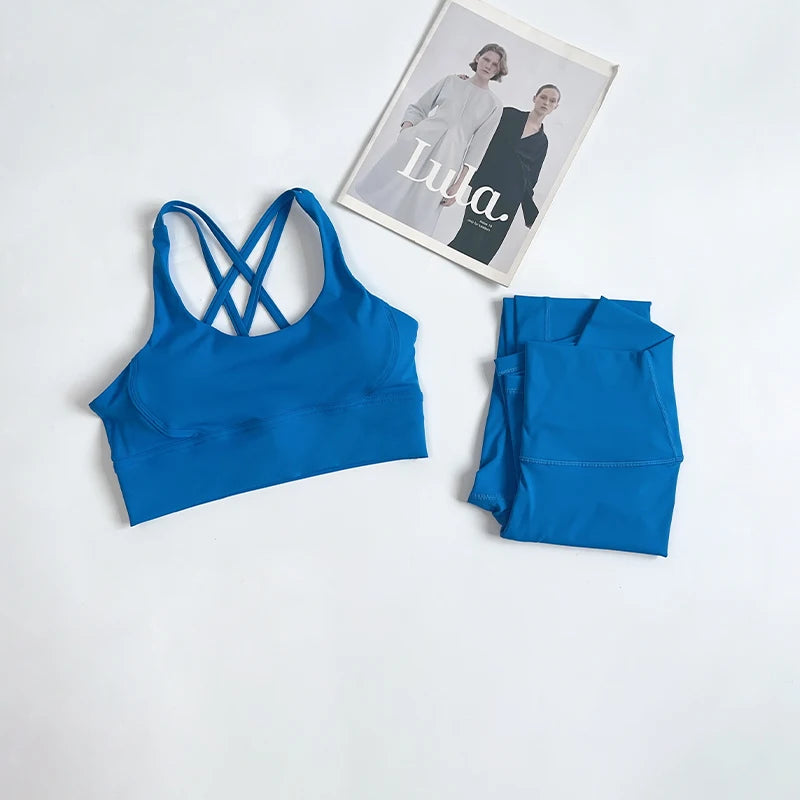 2 Pieces Yoga Set Women Gym Set Workout Clothes Sports Suits High Waist Leggings Cross Straps Fitness Bra Top Running Tracksuit