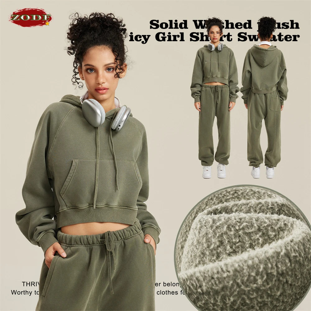 ZODF Women Hotsweet 2025 Winter Washed Fleece Crop Hoodies Girls Oversized Raglan Sleeve 400gsm Hooded Pullovers HY0648
