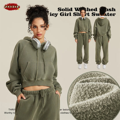 ZODF Women Hotsweet 2025 Winter Washed Fleece Crop Hoodies Girls Oversized Raglan Sleeve 400gsm Hooded Pullovers HY0648