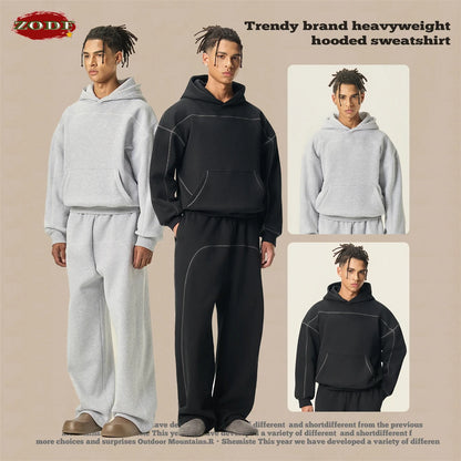 ZODF Trendy Men 350gsm Fleece Loose Boxy Fit Hooded Hoodie Unisex Hip Hop Solid Warm Pullovers Coat For Winter HY0032