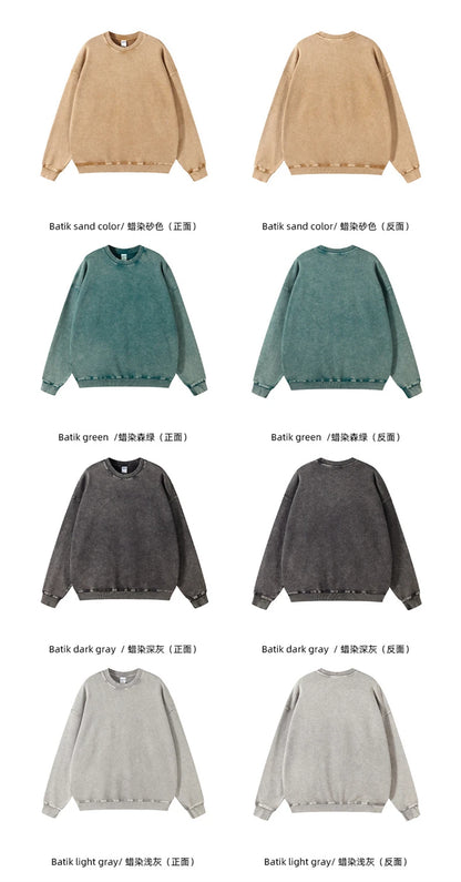 ZODF Retro Autumn Men Batik Washed Cotton Sweatshirts Unisex Loose 420gsm Terry O Neck Pullovers Streetwears HY0665