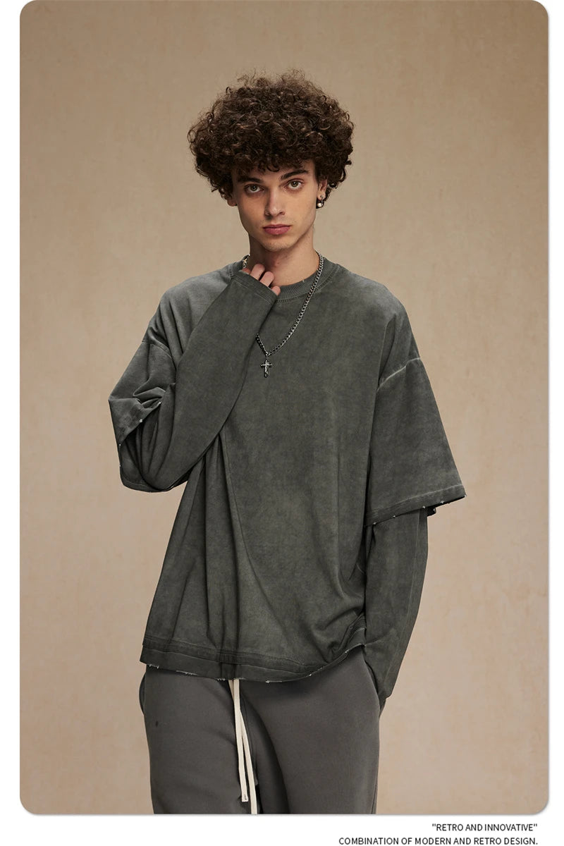 ZODF New 2024 Autumn Fake 2 Pieces T-Shirt For Men Unisex Loose Solid Long Sleeve O-Neck 305gsm Cotton T Shirt Brand Tops HY0944