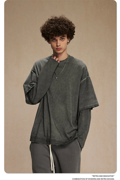 ZODF New 2024 Autumn Fake 2 Pieces T-Shirt For Men Unisex Loose Solid Long Sleeve O-Neck 305gsm Cotton T Shirt Brand Tops HY0944