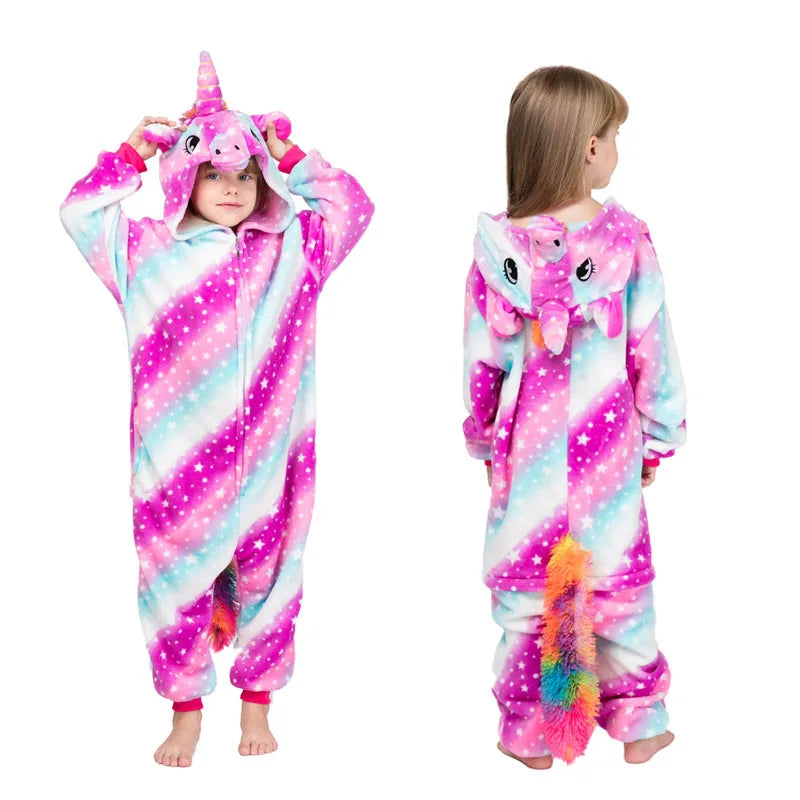 Kawaii Girls Pajamas Winter Purple Unicorn Onesie Hooded Plush Kigurumi Jumpsuit Blanket Sleeper Warm Overall Kids Nightwear Pjs