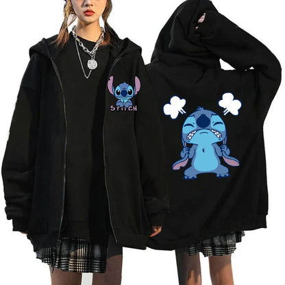 Women's Oversized Zipper Hoodie MINISO Luxury Brand Disney Lilo and Stitch Couple Hooded Sweatshirt Autumn and Winter Warm Jacke
