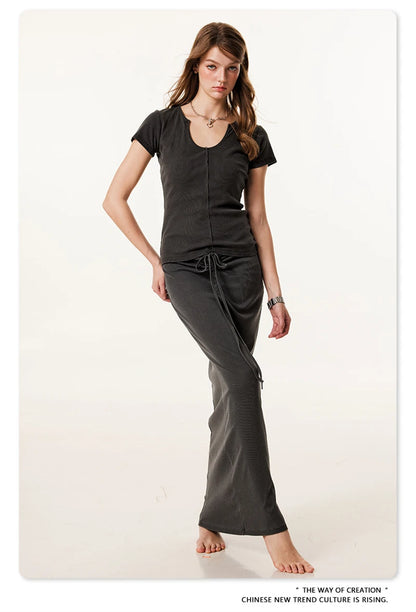 ZODF Women Retro 2025 Summer 275gsm U Collar Washed T-Shirts Hotsweet Girls Sexy Slim Fit T Shirt Brand Tees HY0992