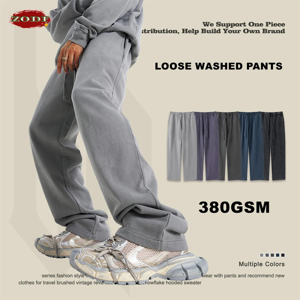 ZODF Retro Men Autumn Washed 380gsm Cotton Unisex High Street Oversized Solid Sport Straight Pants HY0885