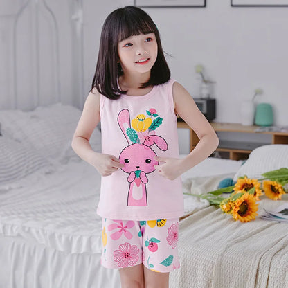 Summer Pj Set Kids Clothes Home Wear Pink Rabbit Girls Pajamas Sets 1 to 2 3 4 5 6 7 8 9 10 Years Flower Easter Pijamas Cotton
