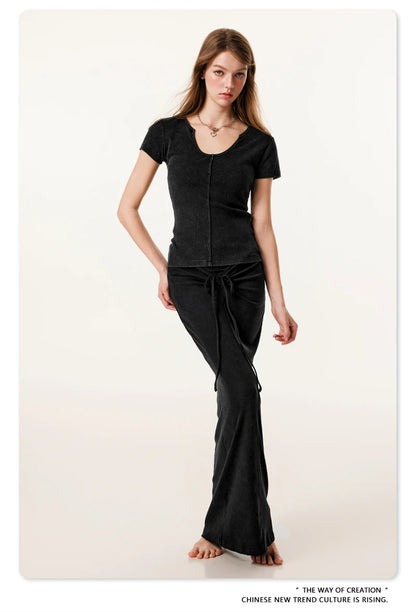 ZODF Women Retro 2025 Summer 275gsm U Collar Washed T-Shirts Hotsweet Girls Sexy Slim Fit T Shirt Brand Tees HY0992