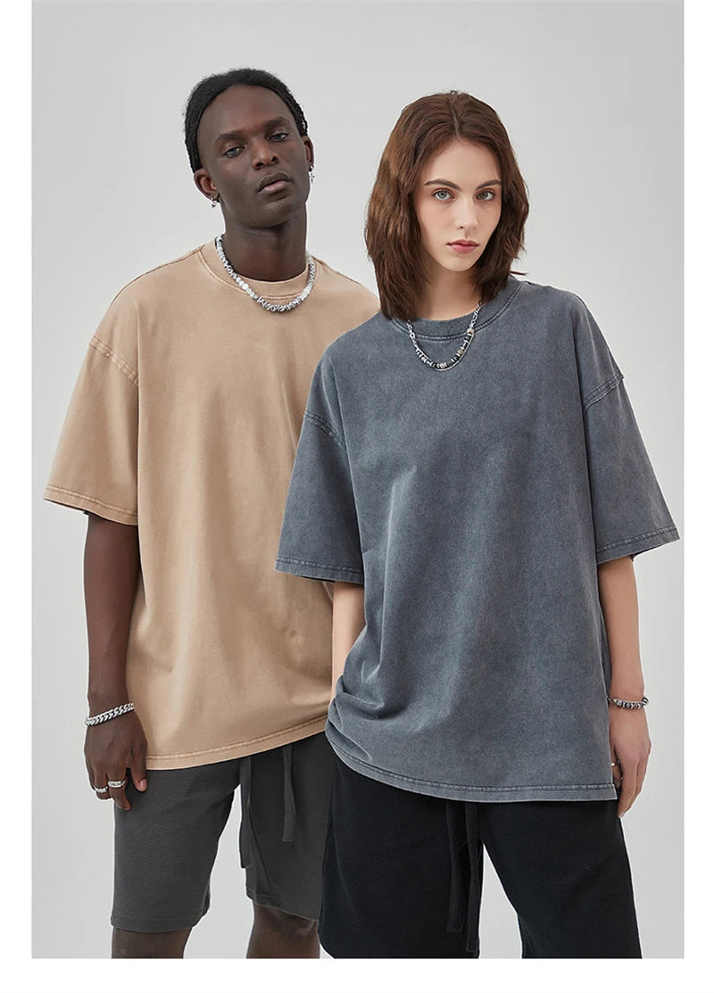 ZODF New Spring Summer Washed Cotton Solid T Shirts For Men Unisex High Street Loose Edge Oversized Noshrink T-Shirt Tee HY0465